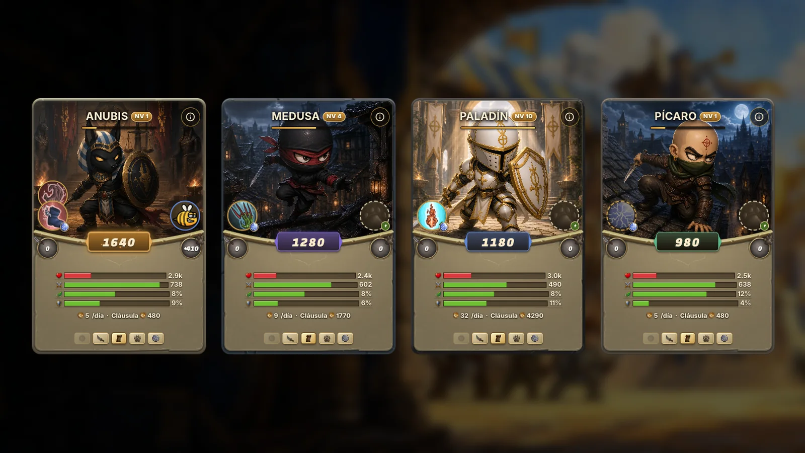 Cuatro cartas de campeones de Triara con su poder, estadísticas, salario y cláusula