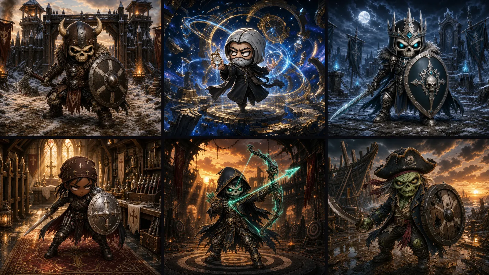 Six Triara champions, one per class, in a mosaic of cards