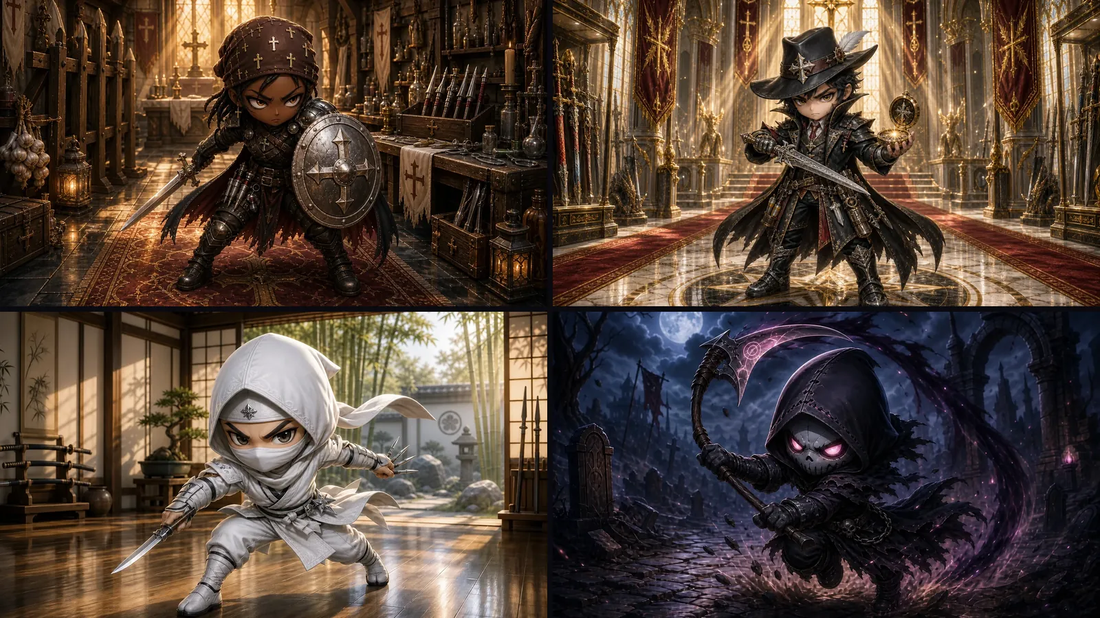 Four Triara assassins in a mosaic of cards