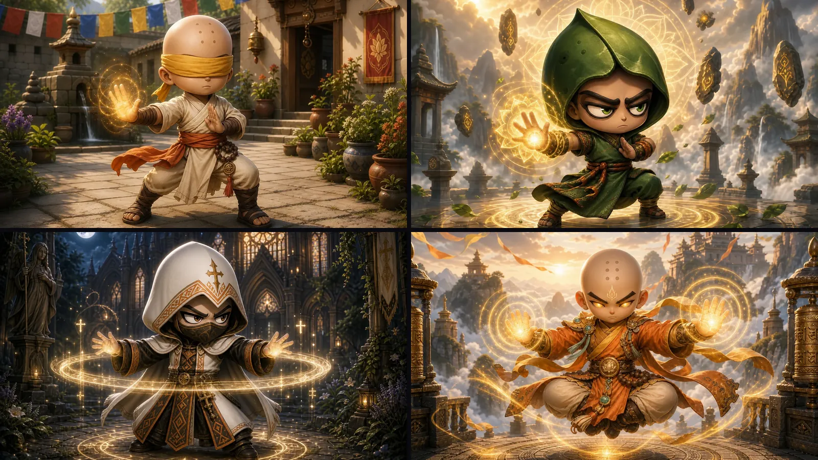 Four Triara healers in a mosaic of cards
