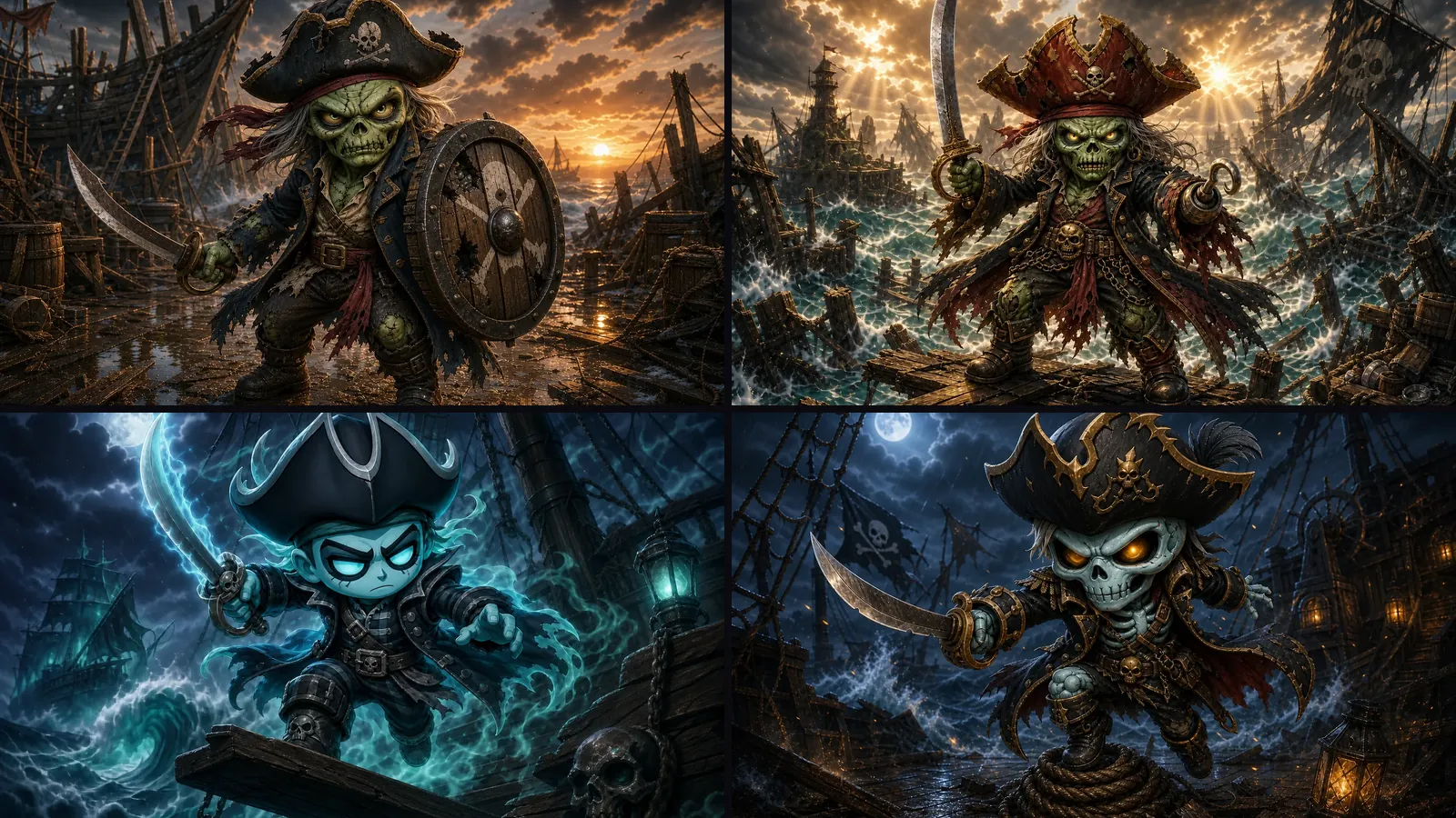 Four Triara pirates in a mosaic of cards