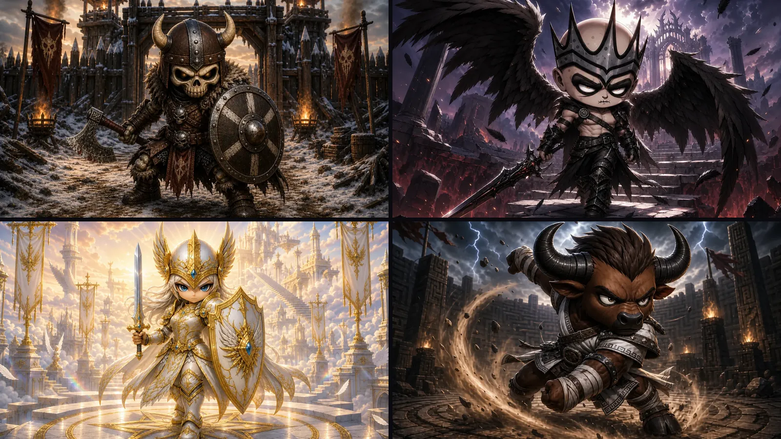 Four Triara warriors in a mosaic of cards