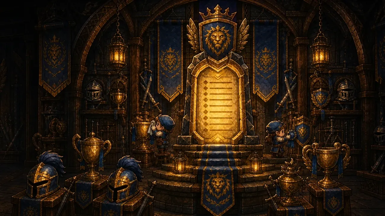 Salón de honor con un escudo coronado, estandartes del león y trofeos dorados