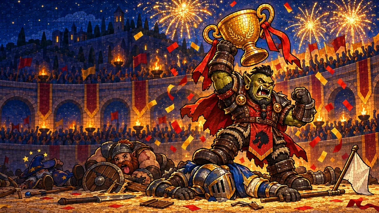 Un orco levanta la copa en un coliseo iluminado por antorchas y fuegos artificiales