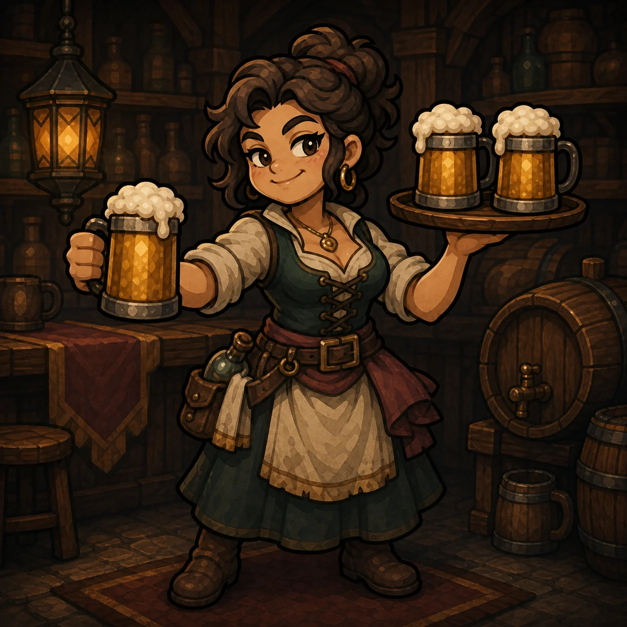 Brena, la tabernera de Triara, sirviendo jarras en la taberna