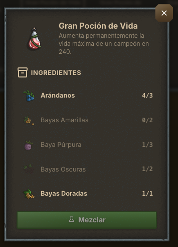 Ventana de pociones y recetas de Triara